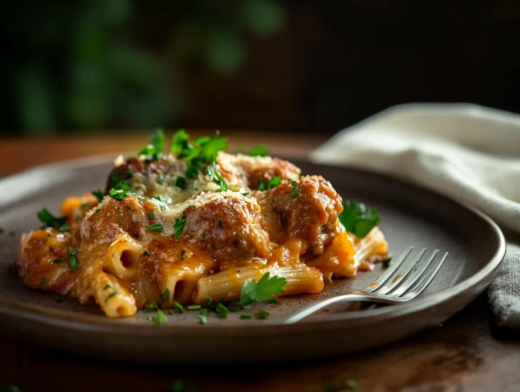 Meatball Casserole Bake – Dump, Layer, and Relax Dinner Recipe 3 Plated meatball casserole with melted cheese stretch on a rustic plate with fork