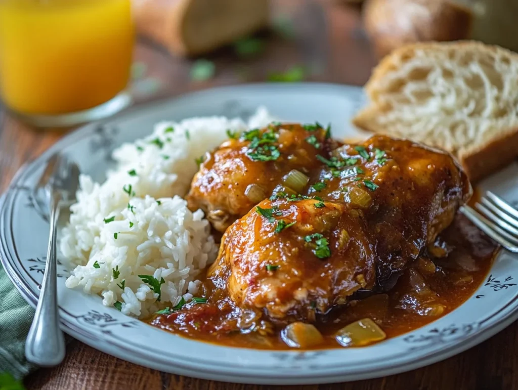 Chicken Caldereta Recipe: How to Make the Best Filipino Comfort Food at Home 3 Served chicken caldereta recipe on a plate with rice and crusty bread.