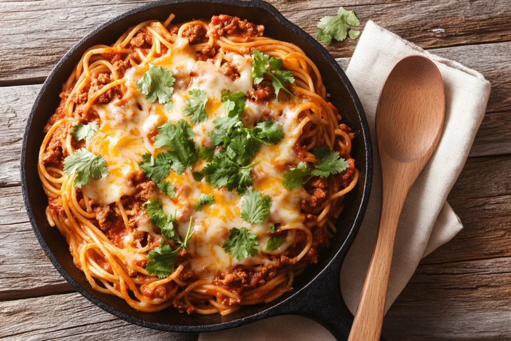 Plate of taco spaghetti served with salad and chips on a dinner table with warm lighting and inviting setup.