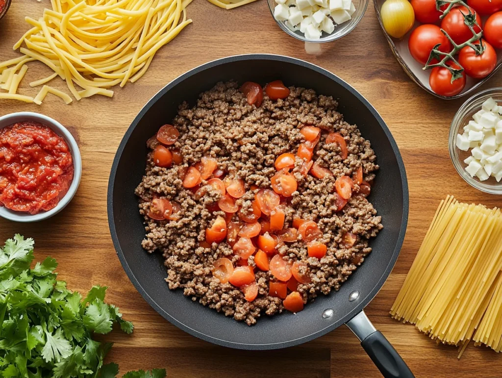 Ground beef cooking in a skillet surrounded by prepped taco spaghetti ingredients on a wooden kitchen counter.