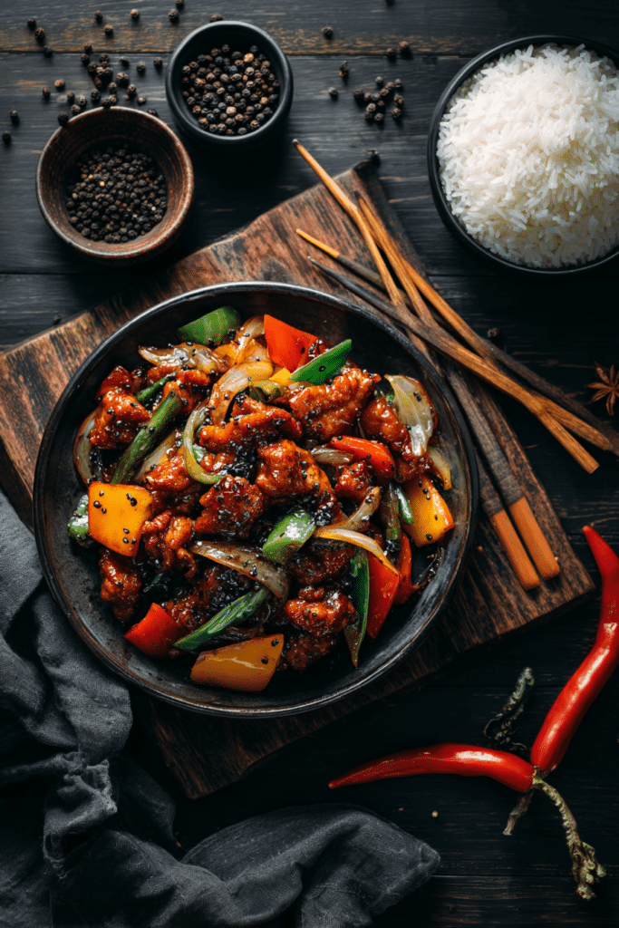 Black Pepper Chicken Stir Fry with Rice and Bell Peppers
