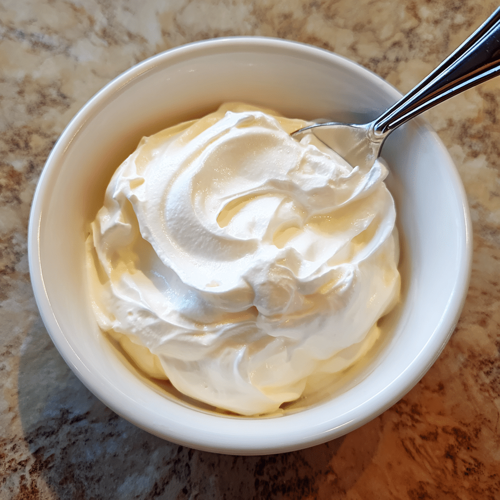 Bowl of Fresh Sour Cream or Whipped Topping on Marble Counter