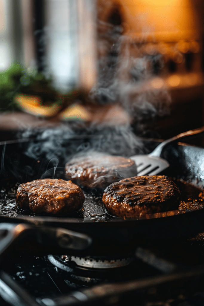 Sausage patty sizzling in a pan, cooking until browned and crisp for a homemade sausage egg and cheese breakfast sandwich.