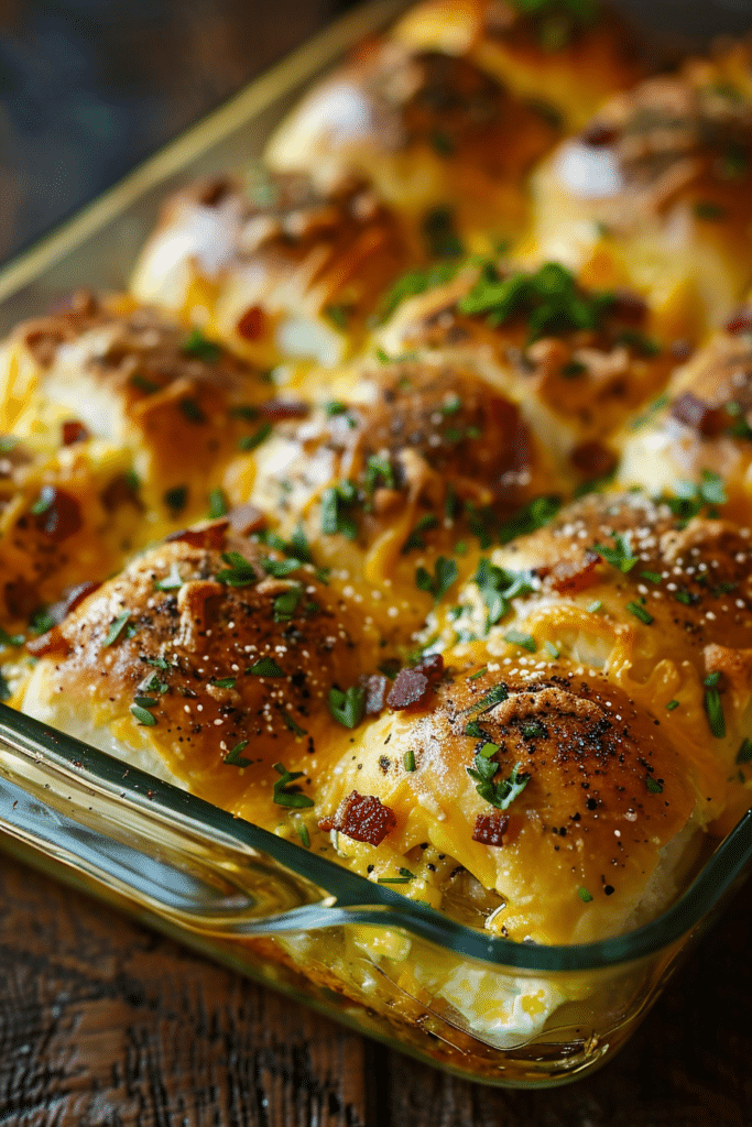 Golden Hawaiian roll breakfast sliders filled with scrambled eggs, crispy bacon, and melted cheddar cheese, baked in a glass dish and topped with buttery ranch seasoning