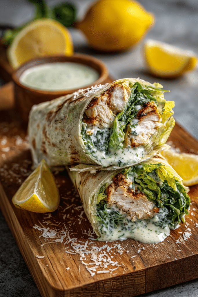 Chicken Caesar Wrap cut in half with creamy dressing and fresh lettuce