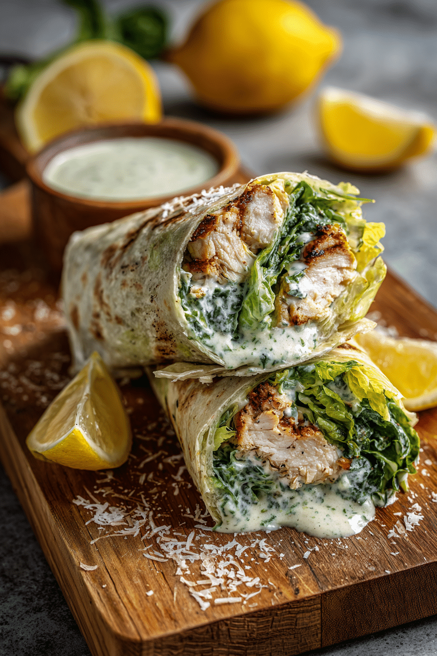 Chicken Caesar Wrap cut in half with creamy dressing and fresh lettuce