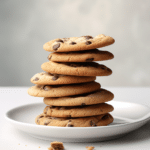 Stack of soft and chewy chocolate chip cookies on a white plate in natural light