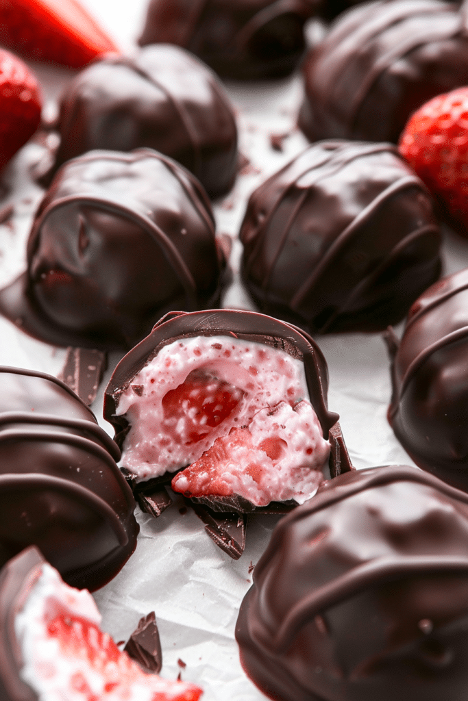 chocolate covered strawberry yogurt clusters with a creamy Greek yogurt and fresh strawberry filling inside, sliced in half to show texture and detail.