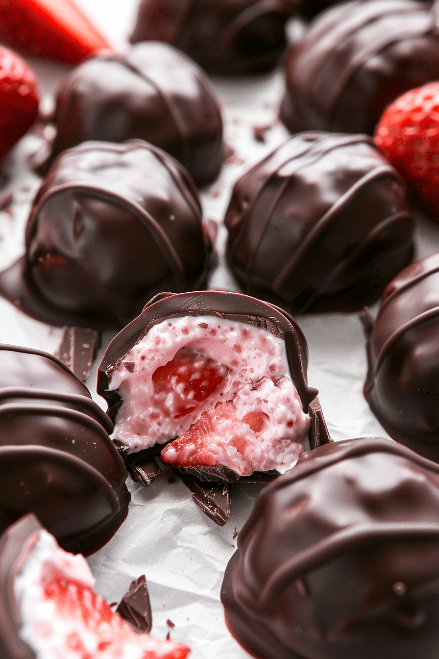 chocolate covered strawberry yogurt clusters with a creamy Greek yogurt and fresh strawberry filling inside, sliced in half to show texture and detail.