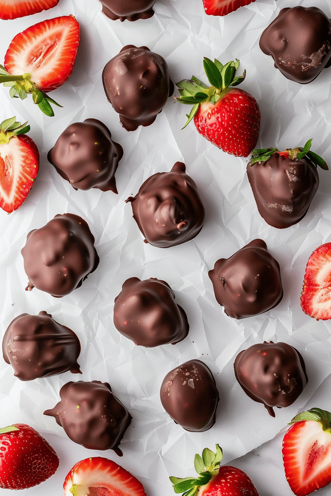 chocolate strawberry yogurt clusters dipped in dark chocolate with visible strawberry chunks and sea salt flakes on parchment paper.