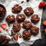 Top view of chocolate strawberry yogurt clusters dipped in dark chocolate with visible strawberry chunks and sea salt flakes on parchment paper.