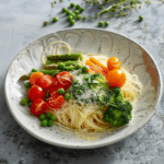 Classic Pasta Primavera: A Fresh, Creamy Weeknight Favorite 7 Classic Pasta Primavera made with angel hair pasta, broccoli, asparagus, zucchini, cherry tomatoes, and peas in a creamy Parmesan sauce on a white ceramic plate