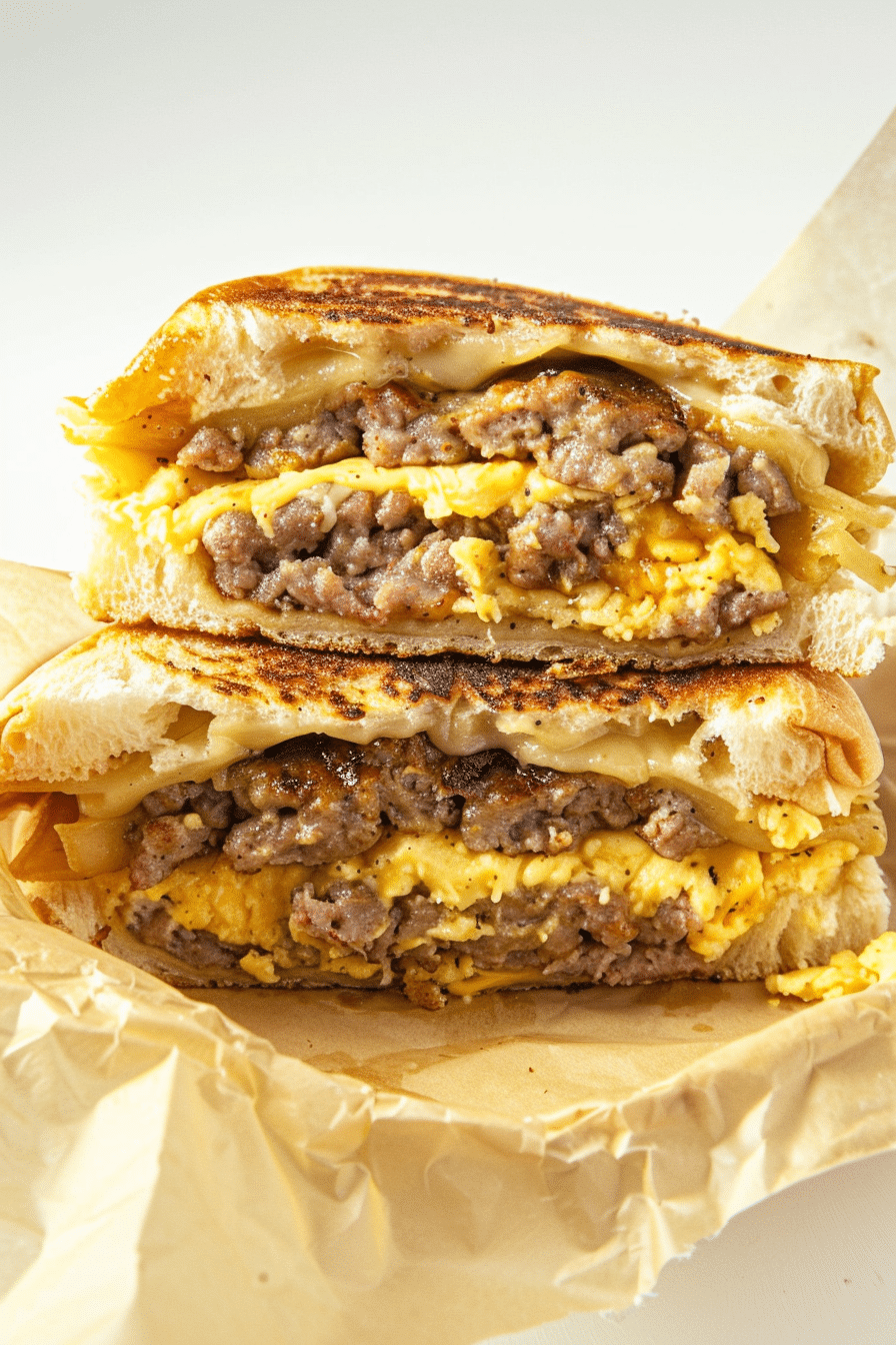 sausage, egg, and cheese breakfast sandwich cut in half and stacked, served on a toasted kaiser roll with melted cheese and fluffy scrambled eggs.