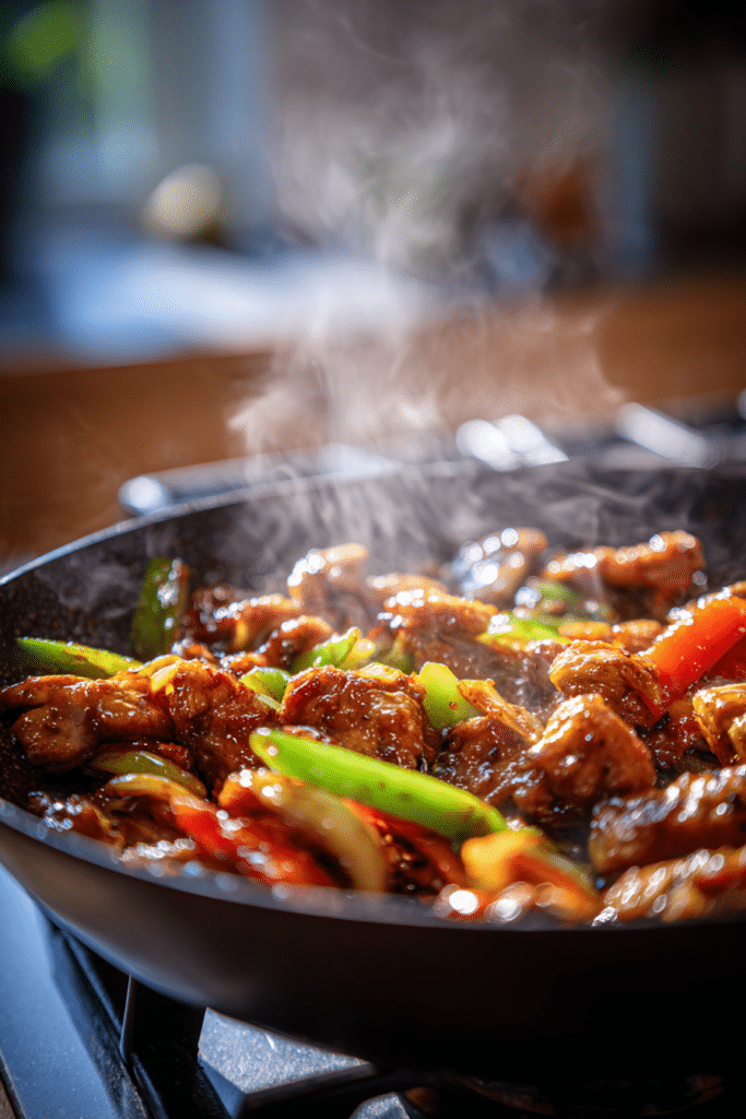 Black Pepper Chicken: The 1 Ultimate Stir‑Fry Recipe for Bold Flavor Lovers 8 Black Pepper Chicken cooking in a wok, with glossy sauce, bell peppers, and onions sizzling over heat.