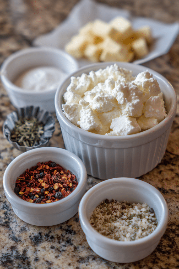 ingredients for cottage cheese chips, including full-fat cottage cheese in a white ramekin, chili flakes, everything bagel seasoning, herbs, and baking essentials arranged on a granite kitchen counter.