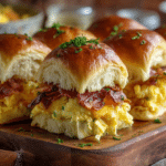 Golden Crack Breakfast Sliders filled with scrambled eggs, crispy bacon, and melted cheddar on Hawaiian rolls, brushed with ranch butter and baked to perfection.