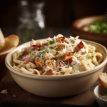 Chicken Bacon Ranch Pasta Recipe: 1 Easy One-Pot Family Favorite 7 Bowl of creamy chicken bacon ranch pasta topped with melted mozzarella and crispy bacon, served with Caesar salad and garlic bread on a rustic table