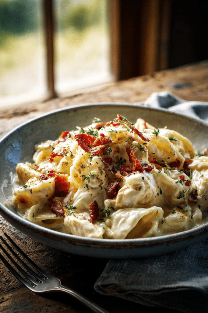 bowl of chicken bacon ranch pasta with creamy Alfredo sauce, topped with crispy bacon and herbs on a rustic wooden table