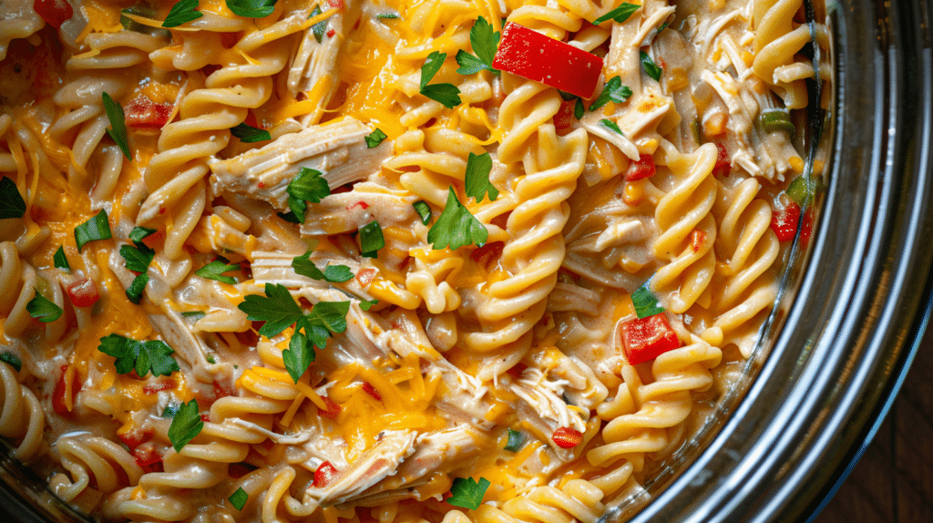 Creamy chicken spaghetti with shredded chicken, diced tomatoes, and melted cheese in a black crock pot, cooked to perfection in a rich cheesy sauce