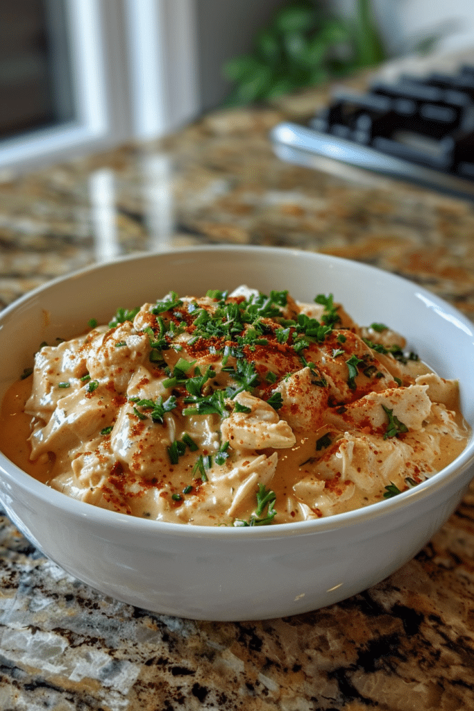 Bowl of creamy Crockpot crack chicken topped with chopped herbs and paprika, placed on a granite kitchen counter, showcasing tender shredded chicken in a cheesy, flavorful sauce.