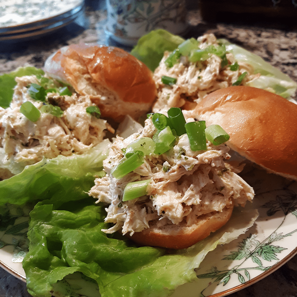 Creamy Crockpot Crack Chicken (Easy, Cheesy & Addictive Slow Cooker Dinner) 15 Shredded creamy Crockpot crack chicken served on soft slider buns and lettuce leaves, topped with fresh green onions, plated on a decorative dish