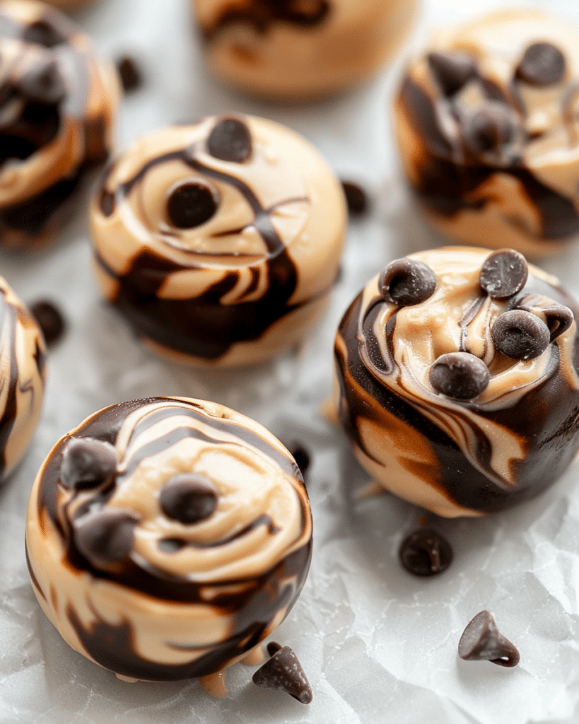 Frozen Greek Yogurt Peanut Butter Bites (Easy, Protein-Packed Snack) 6 Macro shot of frozen peanut butter yogurt bites swirled with chocolate chips on parchment paper, showing smooth and creamy texture