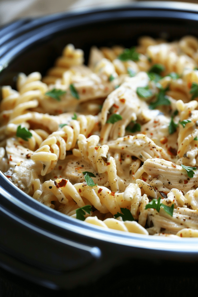 Creamy Garlic Parmesan Chicken Pasta in Crockpot Easy Slow Cooker Dinner