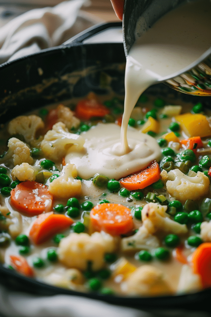 Classic Pasta Primavera: A Fresh, Creamy Weeknight Favorite 9 cream into sautéed vegetables and broth to create the creamy primavera sauce.