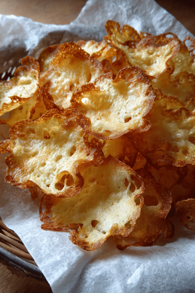 golden, lace-edged cottage cheese chips on parchment paper, showing crispy texture and airy holes, freshly baked and ready to eat.