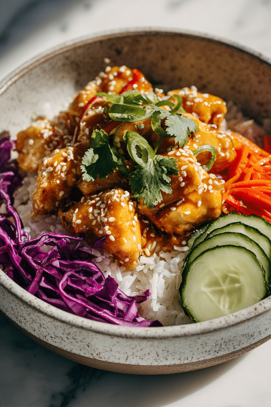 bang bang chicken bowl with crispy chicken, rice, and fresh vegetables in a high-end food styling setup.