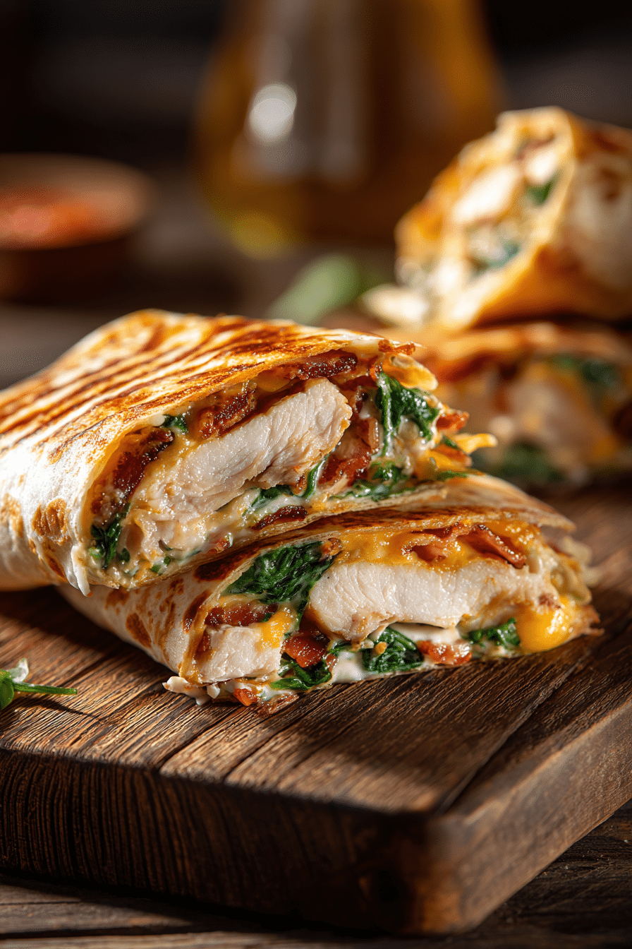 Crispy Chicken Bacon Ranch Wrap on Rustic Board – Comfort Food Close Up