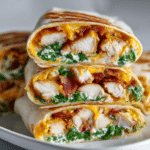 Crispy Chicken Bacon Ranch Wrap Recipe: 1 Seriously Delicious dinner You'll Crave Every Time 7 crispy chicken bacon ranch wrap sliced in half, showing grilled chicken, crispy bacon, melted cheese, fresh spinach, and creamy ranch dressing inside a toasted tortilla, served on a white plate