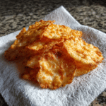 Golden brown cottage cheese chips stacked on a paper towel, crispy and freshly baked, served on a granite countertop.