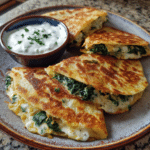 Spinach and Feta Quesadillas (Crispy, Savory & Greek-Inspired!) 7 Golden brown spinach and feta quesadillas on a ceramic plate, filled with melted cheese and spinach, served with a bowl of creamy tzatziki sauce