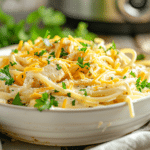 Creamy Crock Pot Cheesy Chicken Spaghetti served in a rustic white bowl, topped with melted cheddar cheese and fresh herbs, with a slow cooker in the background