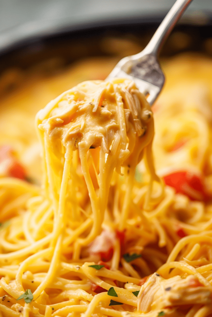 Crock Pot Cheesy Chicken Spaghetti with Fork