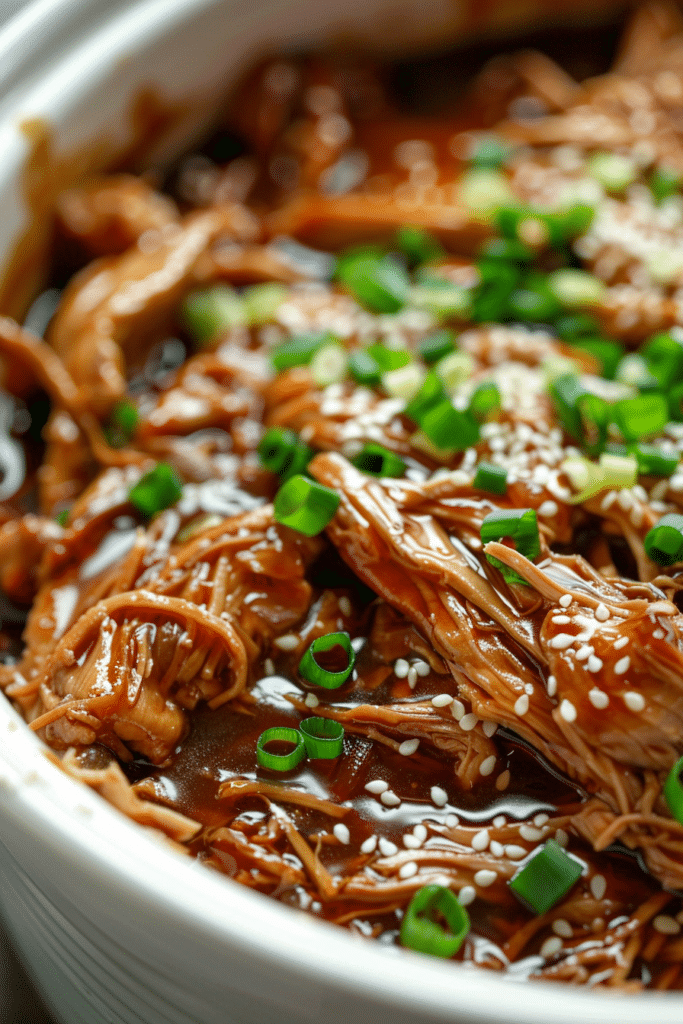 Shredded teriyaki chicken in a white crockpot, glazed with sticky brown sauce, topped with sesame seeds and chopped green onions.
