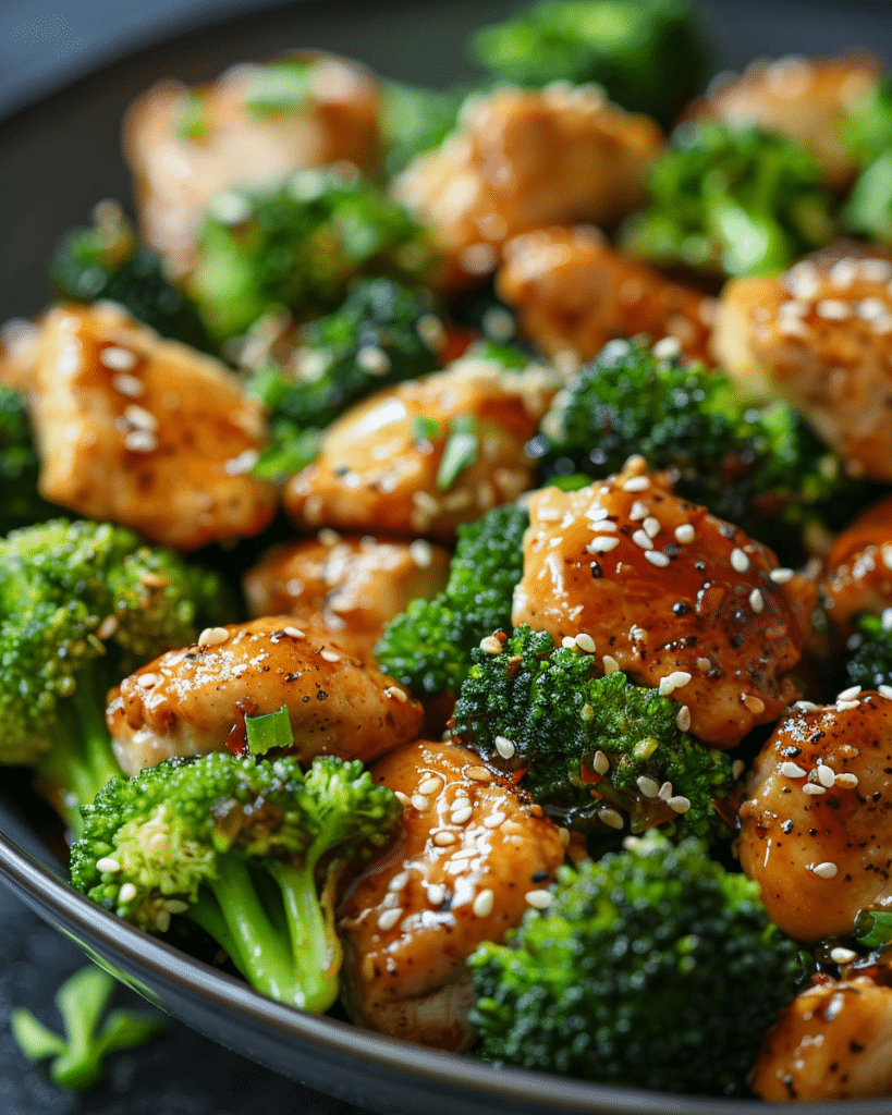 garlic chicken with broccoli in a savory garlic sauce, topped with sesame seeds, served in a skillet for a healthy and flavorful dinner