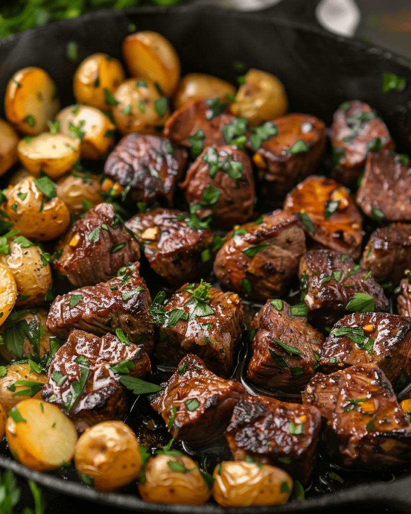 Garlic Butter Steak Bites and Potatoes in Cast Iron Skillet – Easy Weeknight Dinner