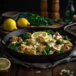 Garlic Chicken with Broccoli and Spinach (Easy, Flavor-Packed Weeknight Dinner) 5 skillet filled with garlic chicken, bright green broccoli, and wilted spinach, garnished with lemon slices and Parmesan cheese, served next to a bowl of cauliflower rice on a rustic wooden table.