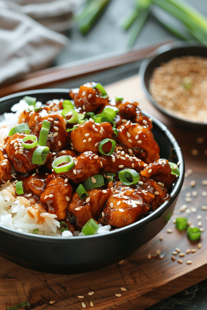 Glossy honey BBQ chicken chunks served over fluffy white rice, garnished with chopped green onions in a black bowl on a rustic wooden surface