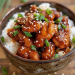 Honey BBQ Chicken Rice in a rustic bowl, with sticky glazed BBQ chicken over fluffy jasmine rice, garnished with green onions and sesame seeds