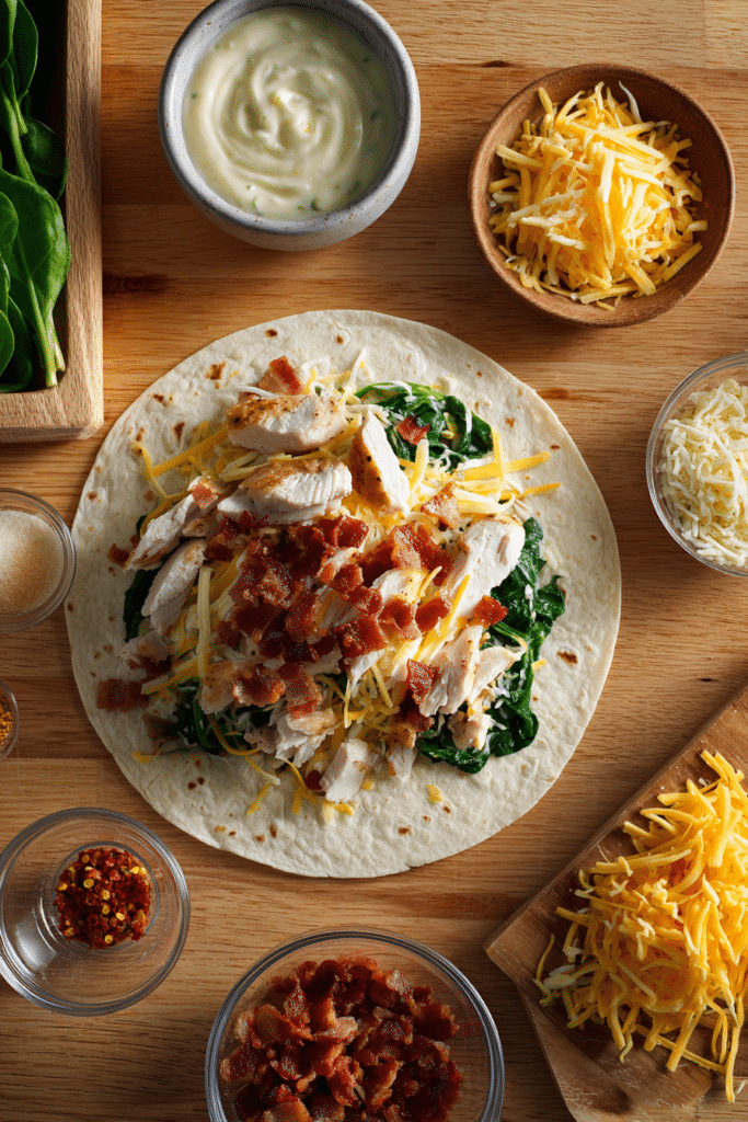 Crispy Chicken Bacon Ranch Wrap Recipe: 1 Seriously Delicious dinner You'll Crave Every Time 8 tortilla with chicken, bacon, spinach, and cheese being assembled for a wrap, surrounded by ingredients