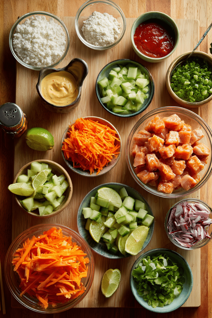Irresistible Bang Bang Chicken Bowl – 1 Sweet & Spicy Meal Prep Favorite 9 bang bang chicken bowl ingredients arranged neatly in bowls for cooking prep.