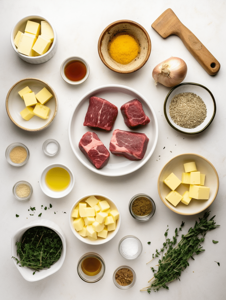 Ingredients for Garlic Butter Steak Bites and Potatoes – Flat Lay Photo