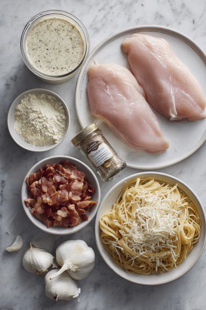 Chicken Bacon Ranch Pasta Recipe: 1 Easy One-Pot Family Favorite 8 Flat lay of ingredients for chicken bacon ranch pasta including chicken, Alfredo sauce, ranch seasoning, garlic, bacon, and cheese
