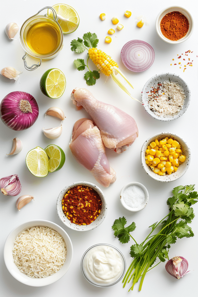 1 Street Corn Chicken Rice Bowl (Insanely Flavor-Packed and Easy!) 6 Flat lay of fresh ingredients for street corn chicken rice bowl including chicken thighs, corn, red onion, garlic, spices, sour cream, cotija cheese, lime, rice, and cilantro on a white background.