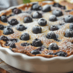 Blueberry Clafoutis Recipe – The Best 1 Light Keto Dessert You’ll Ever Try 6 Freshly baked keto blueberry clafoutis in a white ceramic dish with golden edges and juicy blueberries, dusted with powdered sweetener