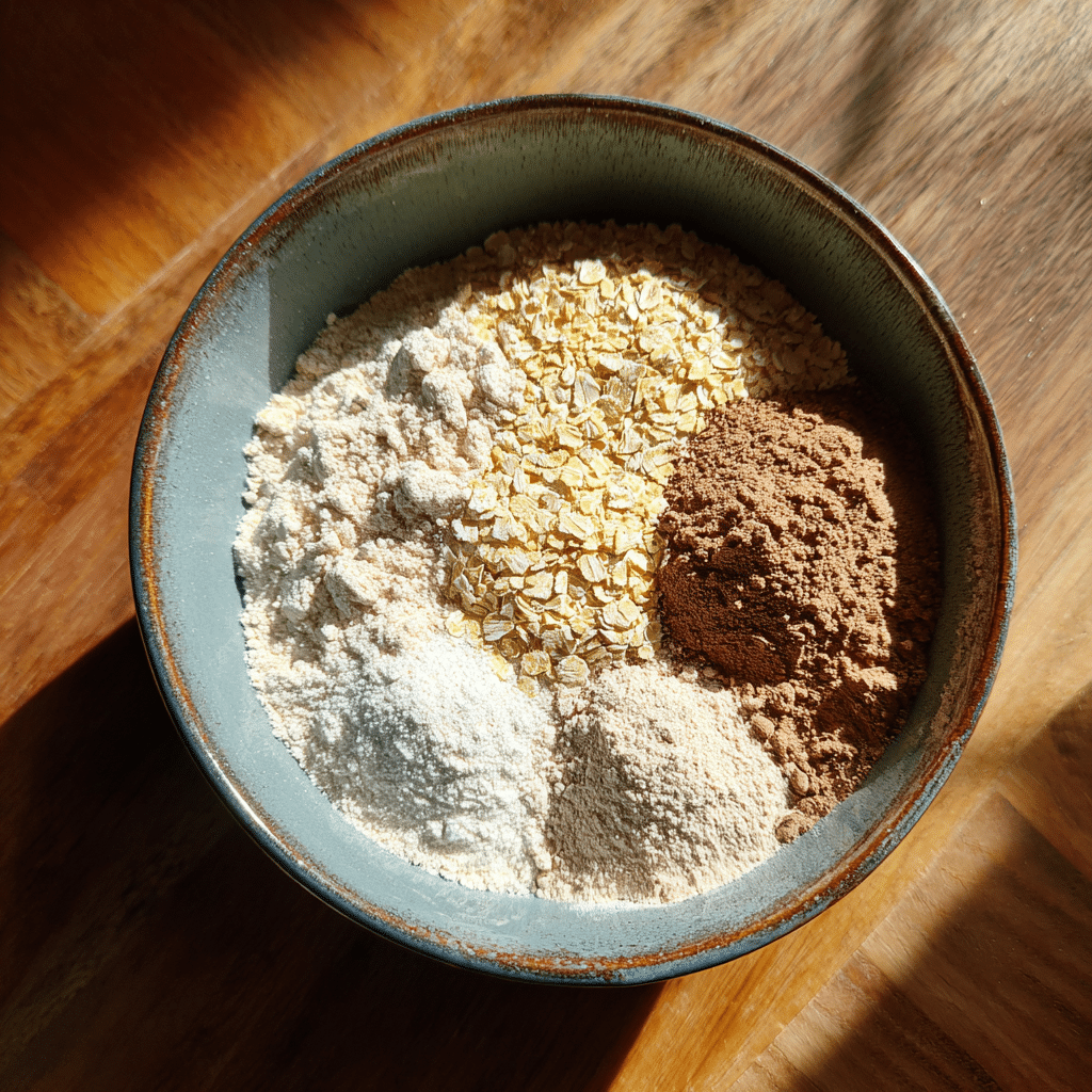 Oat flour, protein powder, and cereal mixed in a bowl for easy no bake protein bar recipe