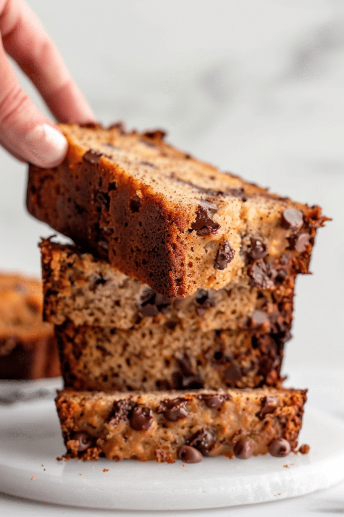 slice of moist chocolate chip banana bread stacked on a white surface